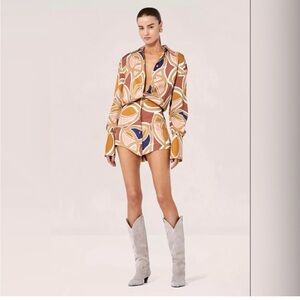 Alexis Multicolor Geometric Print Mini Dress - Mustard, Pink & Blue